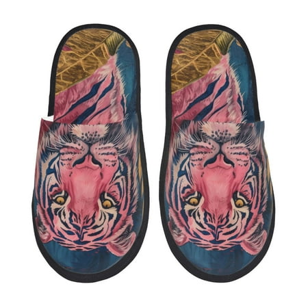 Balery Pink Tiger Gold Leaves Slient Indoor Furry Fleece Comfort House Shoes Soft Non-Slip Home Shoes Cotton slippers House Slippers-- Large
