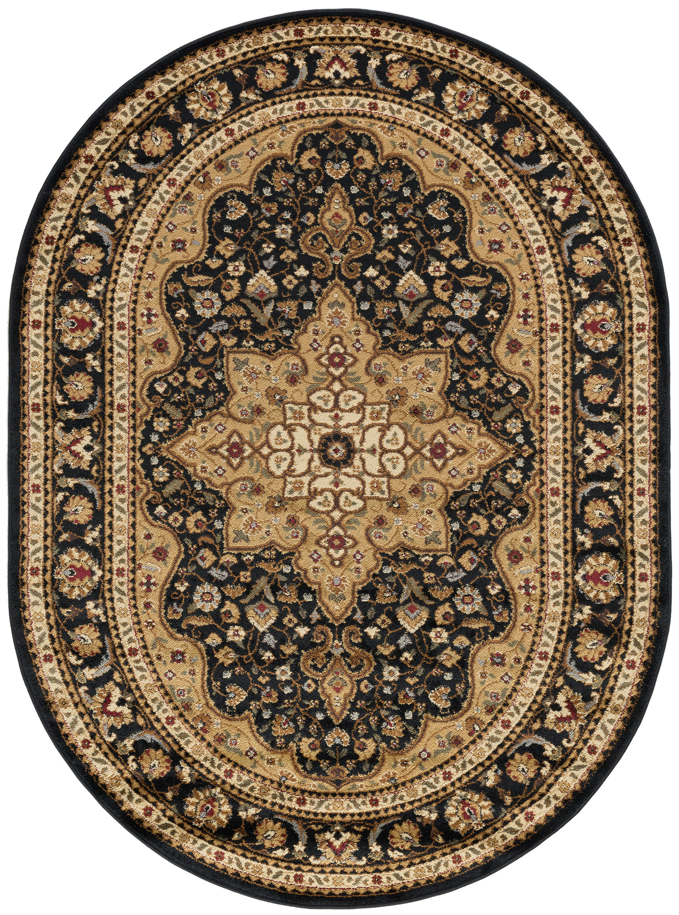 Traditional Area Rug (6'7'' x 9'6'' Oval) Oriental Black, Gold Living Room Easy to Clean