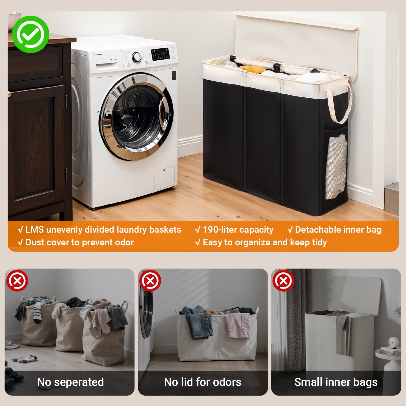 Large Laundry Hamper with Lid, 3-Bin Laundry Baskets with Removable Bags,190L