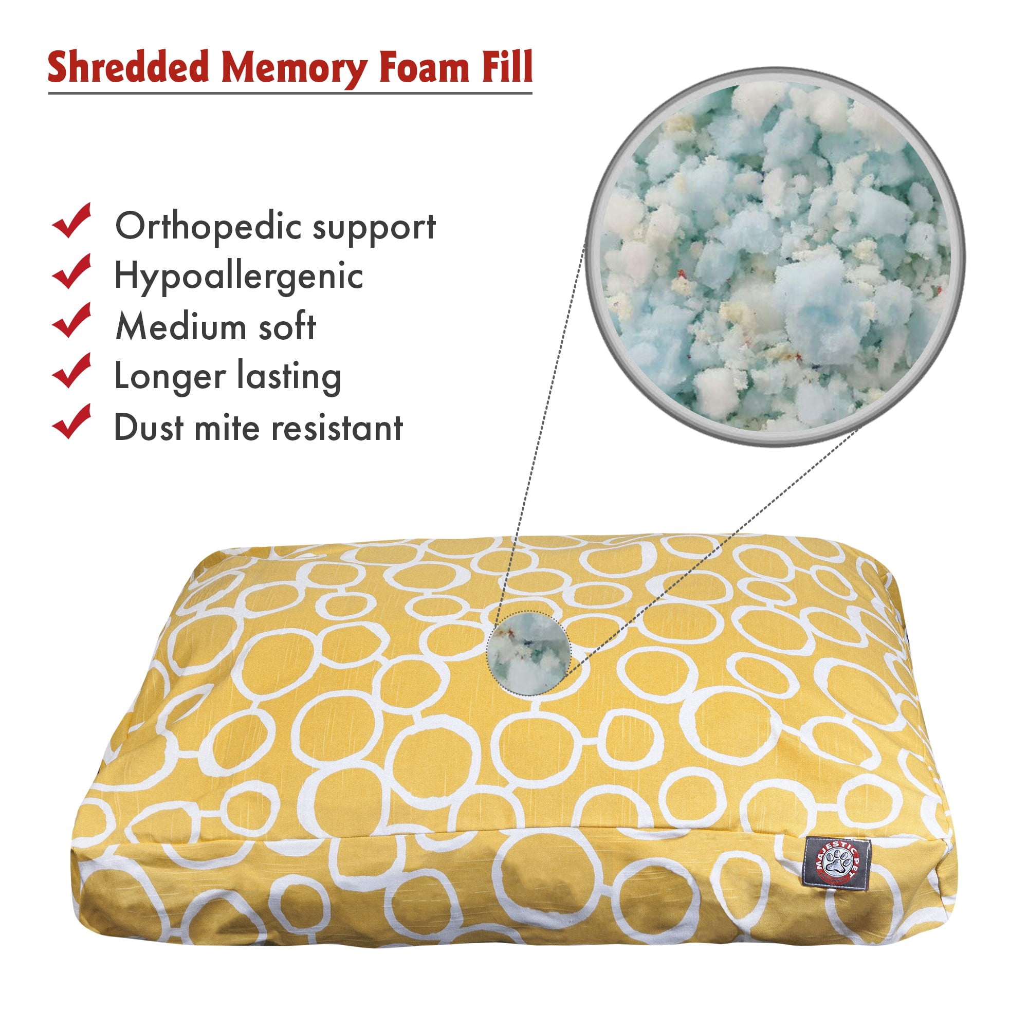 Majestic Pet | Fusion Shredded Memory Foam Rectangle Pet Bed For Dogs, Removable Cover, Yellow, Large