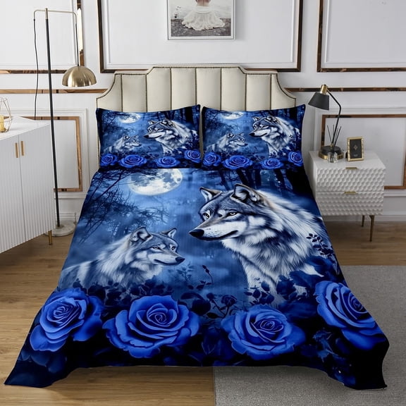 YST Wolf Couple Coverlet Set King Moon Blue Rose Flower Bedspread Set For Kids Adults Men Women,Woodland Animal Quilt Set Tree Branches Wildlife Bedding Set Bedroom Decor 3 Pcs