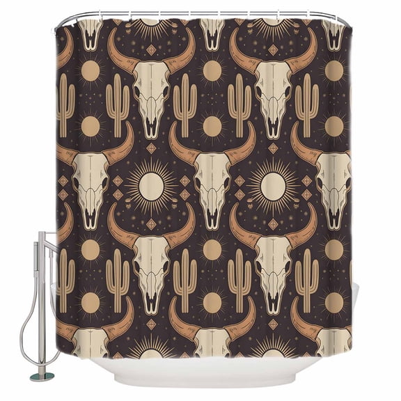 Cow Head Cactus Bathroom Shower Curtains with 12 Hooks Polyester Waterproof Shower Curtain for Stalls and Bathtubs Farmhouse Vintage Western Cowboy Decorative Bathroom Privacy Curtain 36x78 Inches