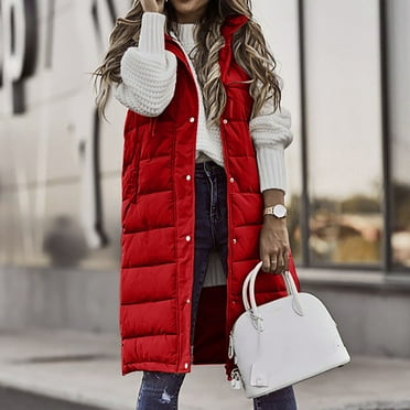 Women's Long Down Vest Sleeveless Hooded Jacket Plus Size Winter Warm Slim Zipper Coats Outdoor Puffer Quilted Vest