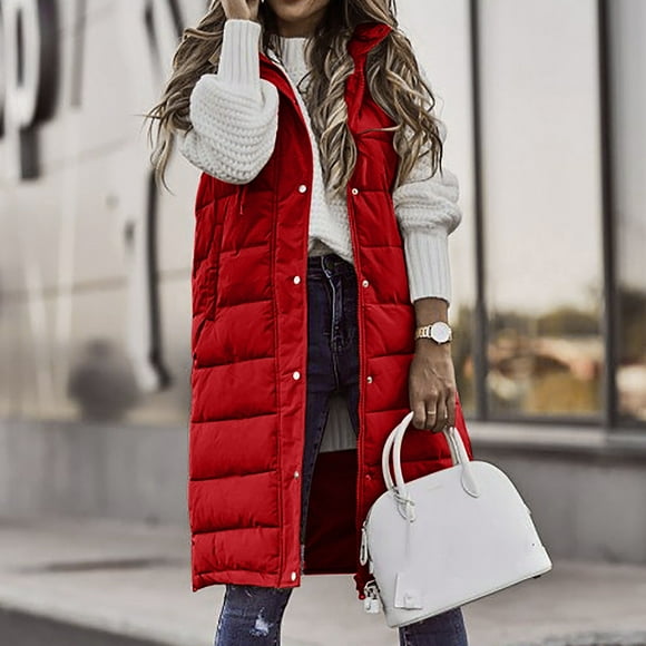 IROINID Women's Winter Warm Mid-Long Coat Solid Color Zip Up Parka Long Sleeve Outwear, Red