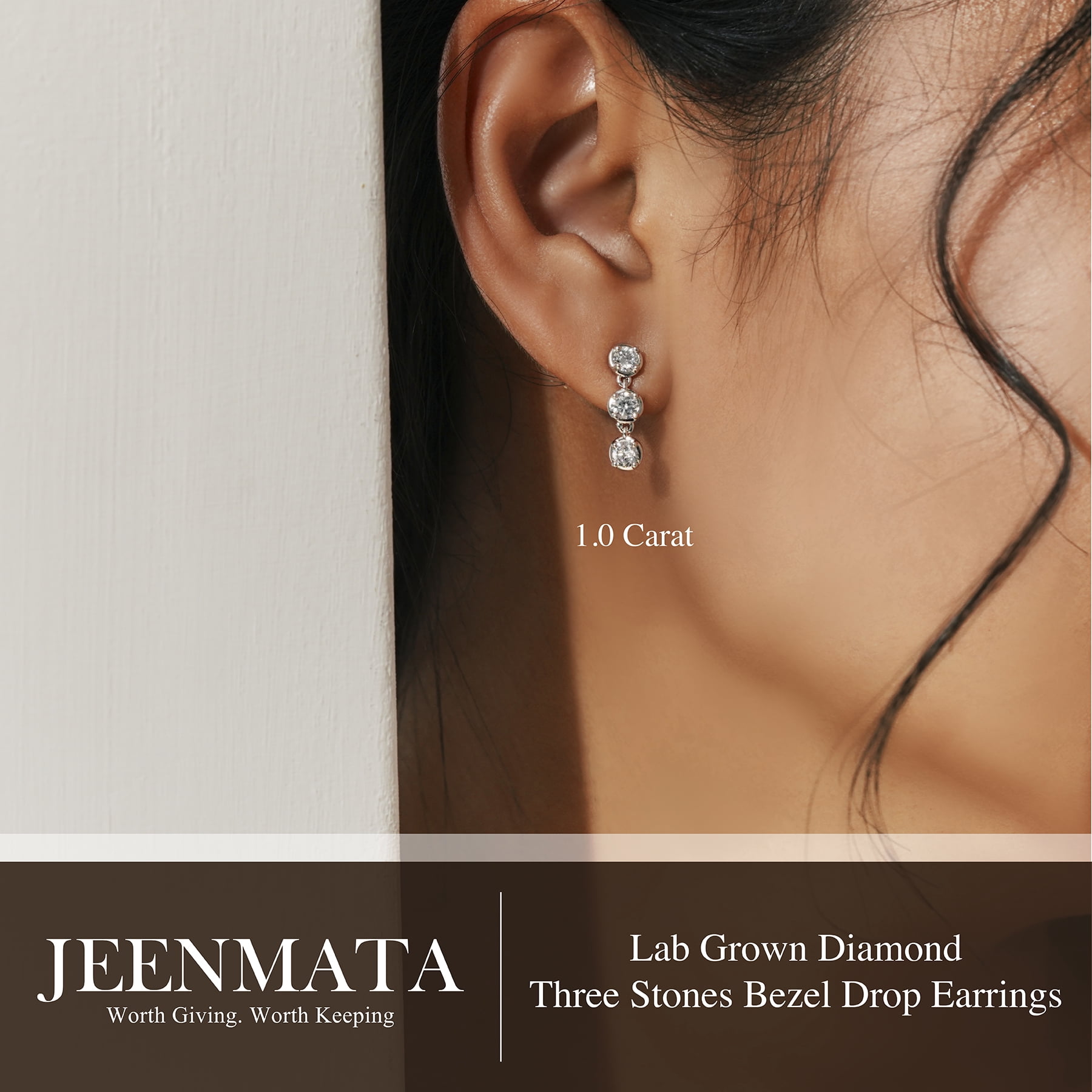 JeenMata 1 Carat Lab Grown Diamond Bezel Drop Earring - Classic Round Cut Three Stones Dangle Earrings in 18K White Gold Plating for Women, Gift for Her