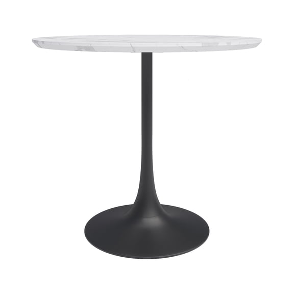 Jamesdar, Kurv, Café Table 31.5" W, Mid Century Design, 150 Lbs Wt Capacity, Steel Base, White Faux Marble/Black Base