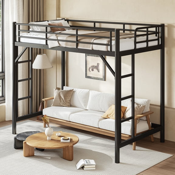 Leumius Twin XL Size Metal Loft Bed,Heavy Duty Metal Bed Frame with 2 Ladders and Full-Length Guardrail,Sturdy Steel Slats Support,
