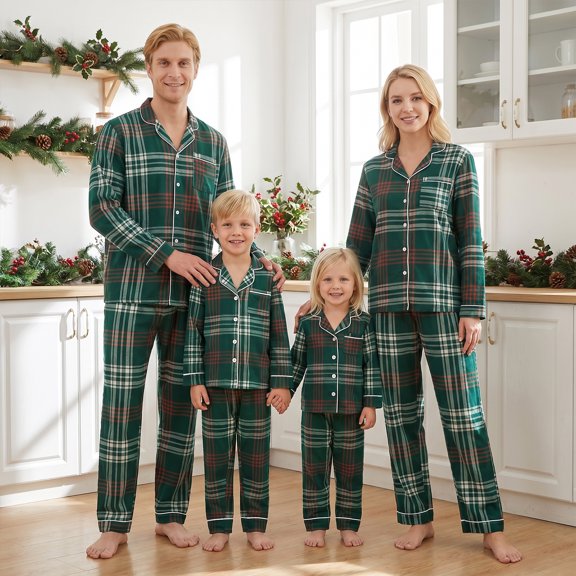 AIGUR Family Matching Christmas Pajama Set Family Matching Pajamas Set Green Red Plaid Button Down Long Sleeve Lapel Tops Pants Pet Bandana Sleepwear