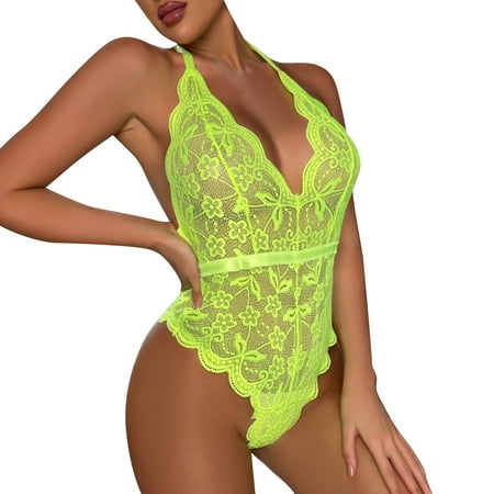 adviicd Lingerie Robe Women s Floral Lace Scallop Trim Lingerie Bodysuit One Piece Teddy A L
