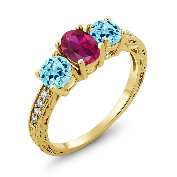 Gem Stone King 1.96 Ct Oval Red Created Ruby Blue Apatite 18K Yellow Gold Plated Silver Moissanite Ring (Size 5)