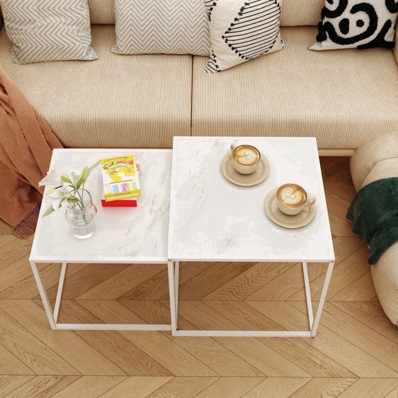 Square Nesting Coffee Table Set of 2, Modern  Lightwood Metal Frame Center Side Coffee Table for Living Room Patio Bedroom Small Spaces White