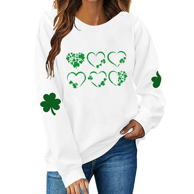 Tauxra Chandail à Manches Longues pour Femmes, Col Rond, Décontracté, avec Imprimé Trèfle de la Saint-Patrick, pour Fêtes de Fin d'Année, Tissu en Polyester Doux Teint en Fil