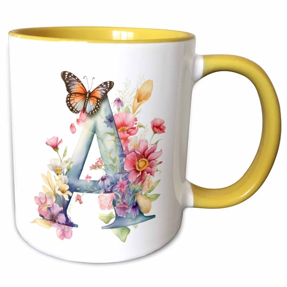 3drose, Pretty Floral Monogram Initial A, 11oz Two-tone Yellow Mug