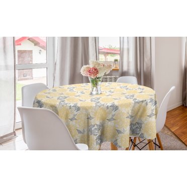 Floral Round Tablecloth, Detailed Sketch of Peony Flowers and Leaves Doodle Illustration, Circle Table Cloth Cover for Dining Room Kitchen Decor, 60", Mustard Charcoal Grey, by Ambesonne