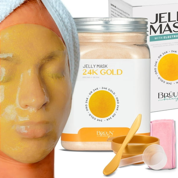 BRUN Mascarilla de gelatina de oro de 24 quilates para el cuidado de la cara – Un frasco de máscara de goma de 23 fl oz para 30 a 35 tratamientos – Una máscara de gel hidratante para el cuidado de la