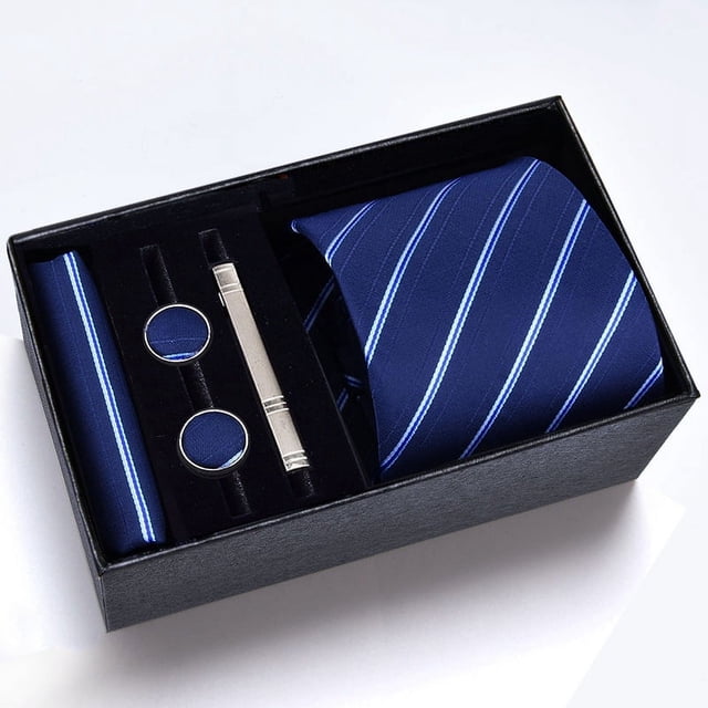 Cajas de regalo Corbata para hombre Bufanda cuadrada Gemelos Clip de corbata Conjunto de cinco piezas Negocios formales Rayas azules
