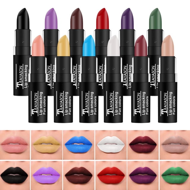 BIOKUSY Juego de 12 lápices labiales mate, color negro gótico, novedad, lápiz labial hidratante, color de labios de larga duración, para fiesta de Halloween, cosplay, kit de regalo de maquillaje para