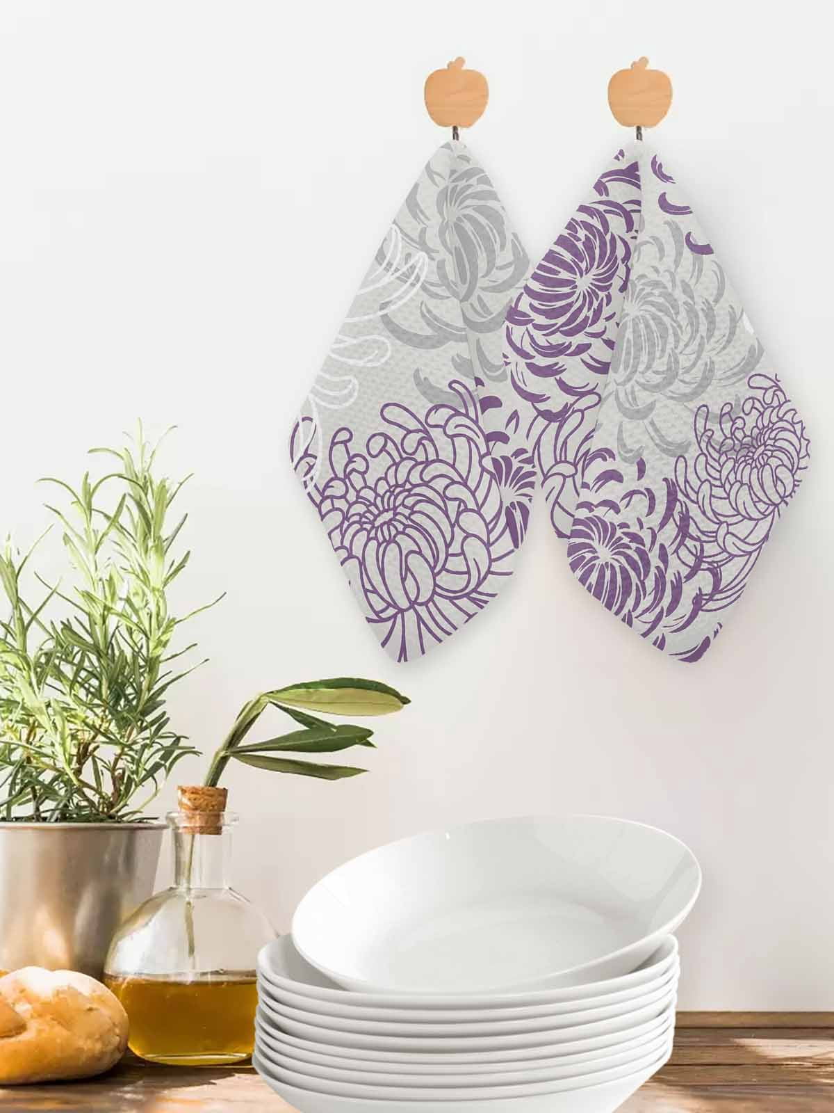 Purple White Kitchen Dish Towels for Drying Dishes Set of 2, Abstract Grey Chrysanthemum Flower Floral Waffle Weave Microfiber Hand Tea Bathroom Towels Quick Dry & Absorbent Towel 12x12