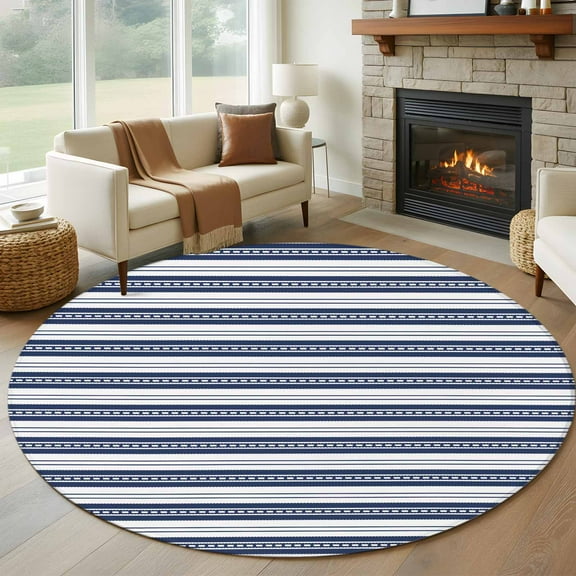 Navy Blue Striped Round Rug 5ft Washable Circle Kitchen Rugs Non Slip Farmhouse Striped Geometric Art Large Area Rug Indoor Floor Carpet for Bedroom Living Room Home Office Dining Room Nursery