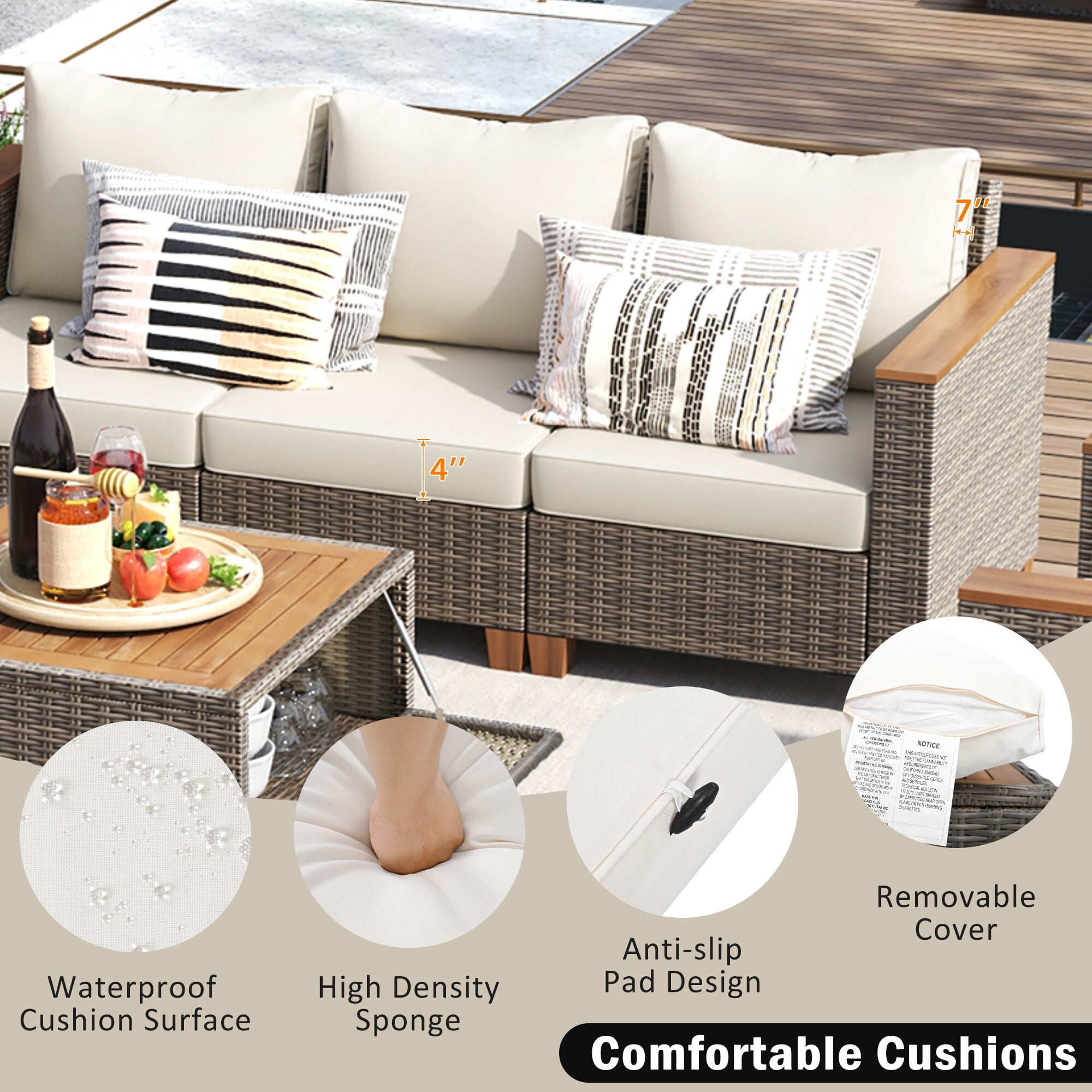 AENKYO 8-Piece Wicker Patio Furniture Set, Sectional Sofa w/ 360° Swivel Rocker Chairs & Acacia Storage Table, Beige
