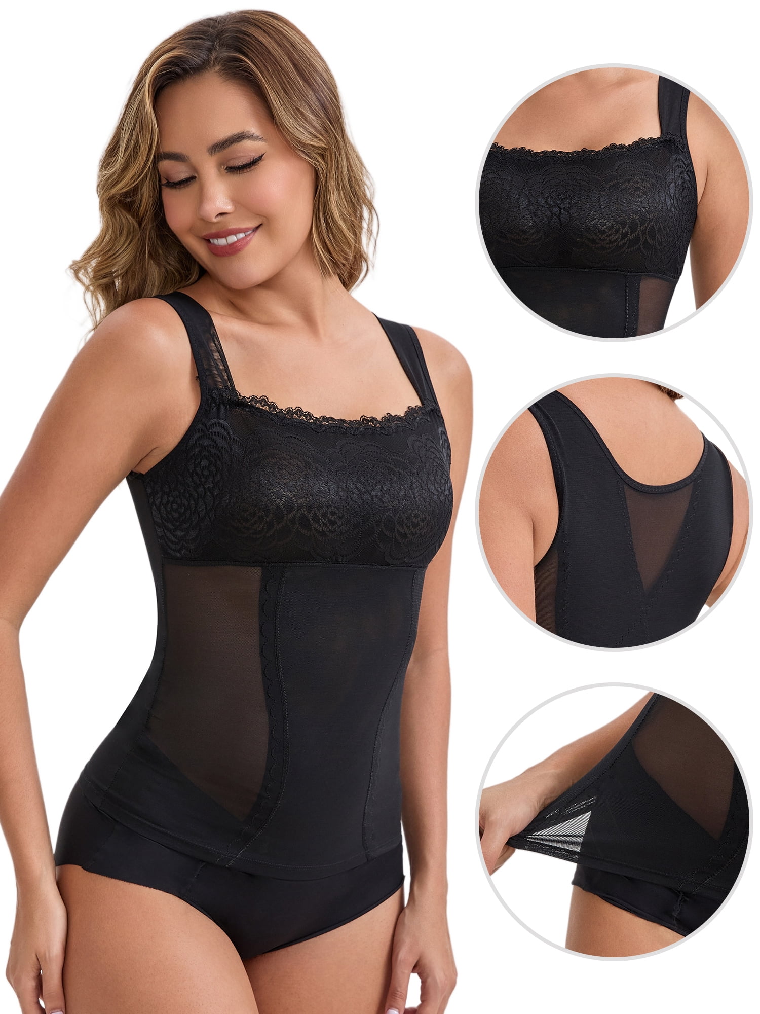 DARING DIVA Women's Lace Sheer Square Neck Waist Control Tank Tops S Black