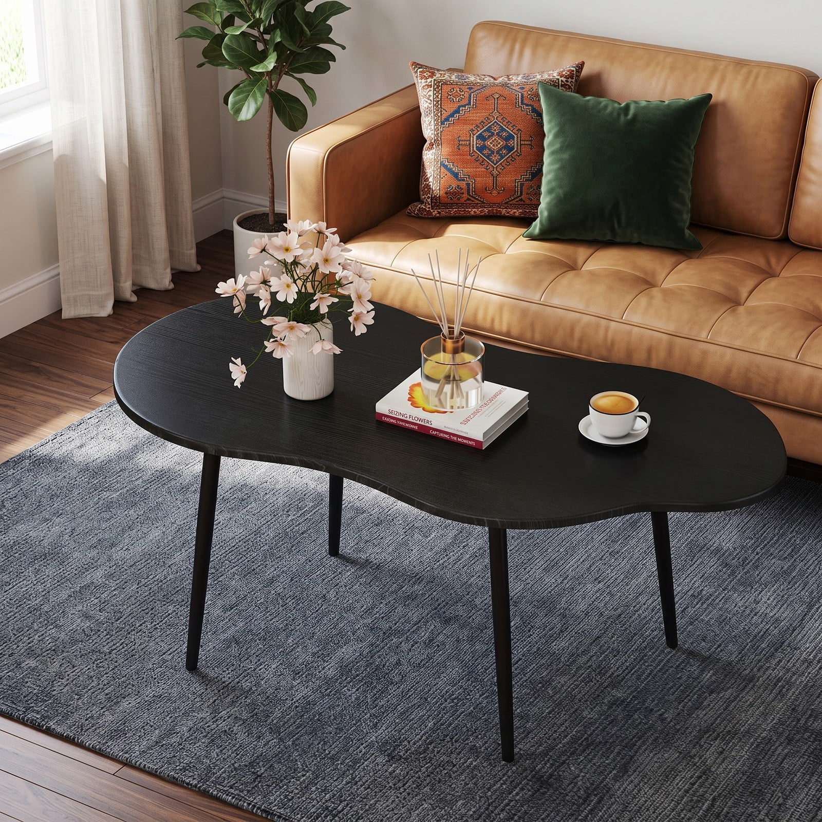 Furnibear Cloud Shape Coffee Table, 39.5 Inch Irregular Free Form Center Table with Durable Metal Frame, Wide Wood Tabletop Modern Accent Side Table for Living, Black