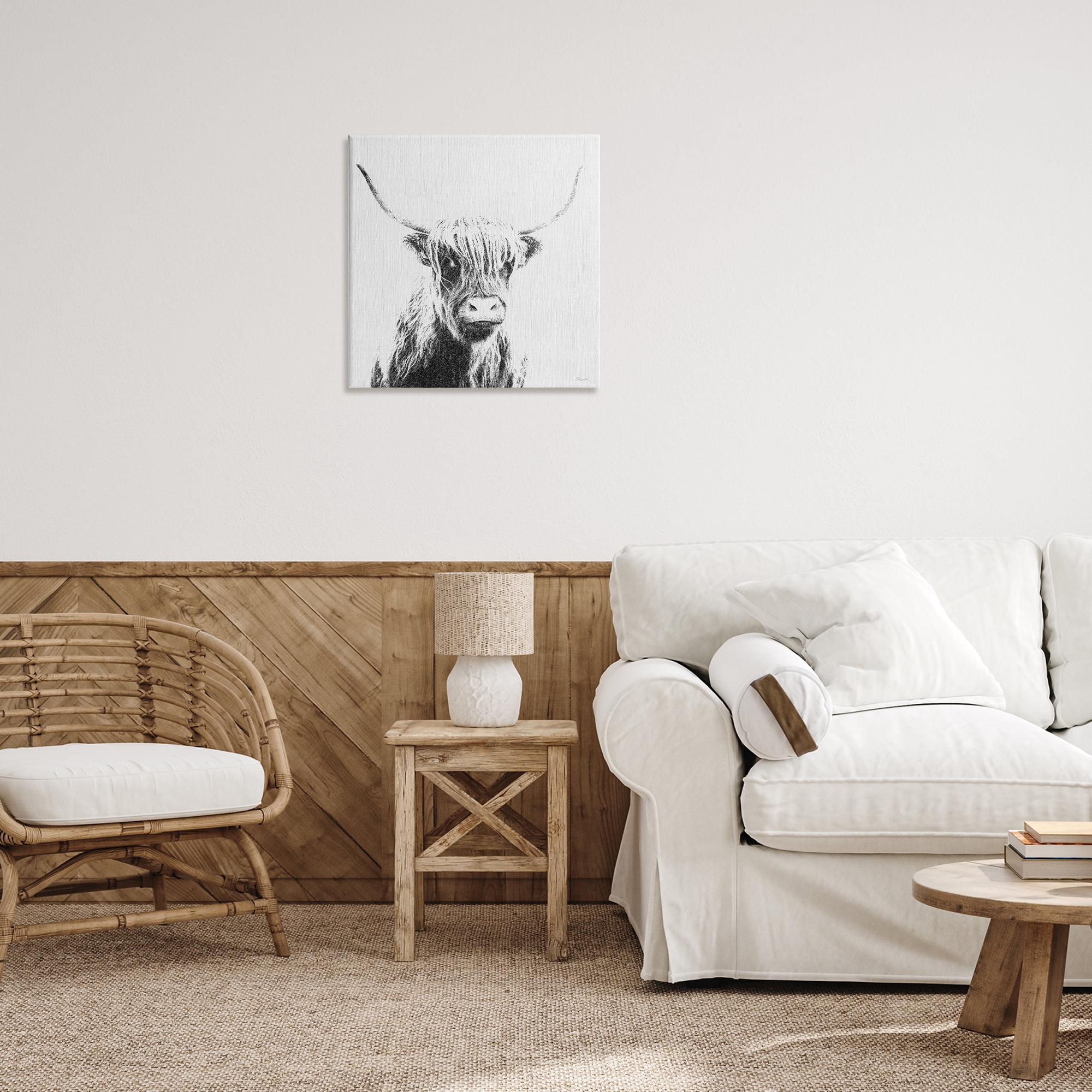 Stupell Industries Longhorn Sketch in Grey Animals Painting Wrapped Canvas Art Print Wall Art, 24 x 24