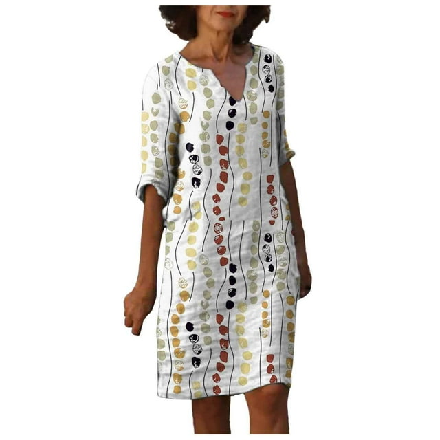 TJAZFJPA Robe à Carreaux Femmes Femmes Coton Lin Petit Col en V Rétro Robe à Manches Trois Quarts Robes en Soie pour Femmes Robe de Nuit
