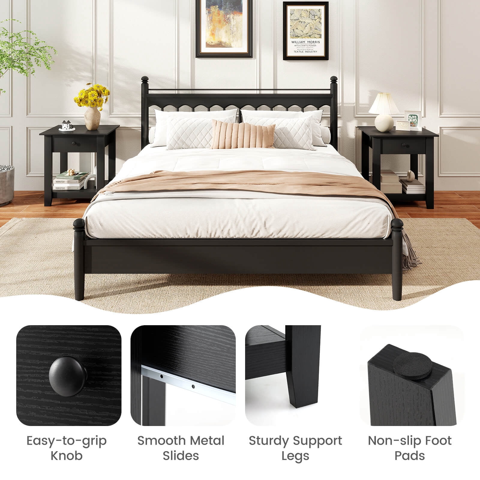 Costway 1 PCS Nightstand with Drawer 3-Tier Modern Bedside Table with Open Shelf Storage for Bedroom Black
