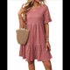 thumbnail image 1 of Vestido Midi Holgado de Corte A, con Mangas Abullonadas, Cuello Redondo y Cintura Alta, Fruncido, para Mujer, Verano 2025, Color Pasta de Frijoles en Polvo XXL, 1 of 10