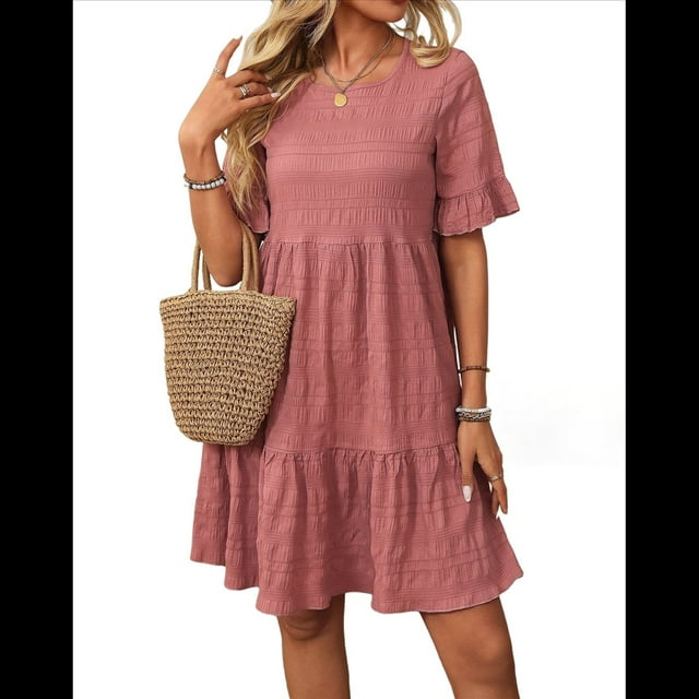 Vestido Midi Holgado de Corte A, con Mangas Abullonadas, Cuello Redondo y Cintura Alta, Fruncido, para Mujer, Verano 2025, Color Polvo de Pasta de Frijoles, Talla L