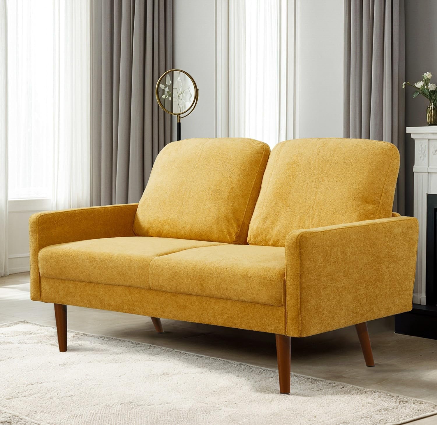 US Pride Furniture Angles 56 in. Wide Square Arm Velvet Modern Rectangle Loveseat in Musterd Yellow