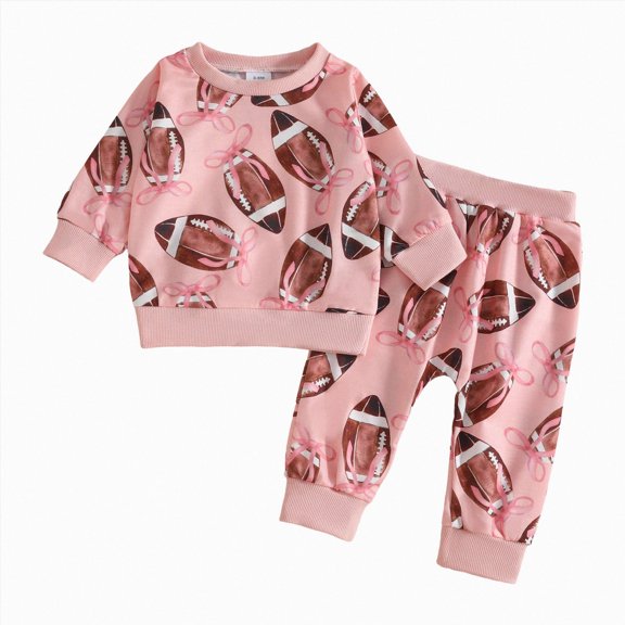 UAYOTSE Toddler Baby Girl Football Bow Print Sweatshirt Jogger Set 6 12 18 24 Months 2T 3T 4T 5T Fit Fall Outfit 2PCS Size 18-24 Months