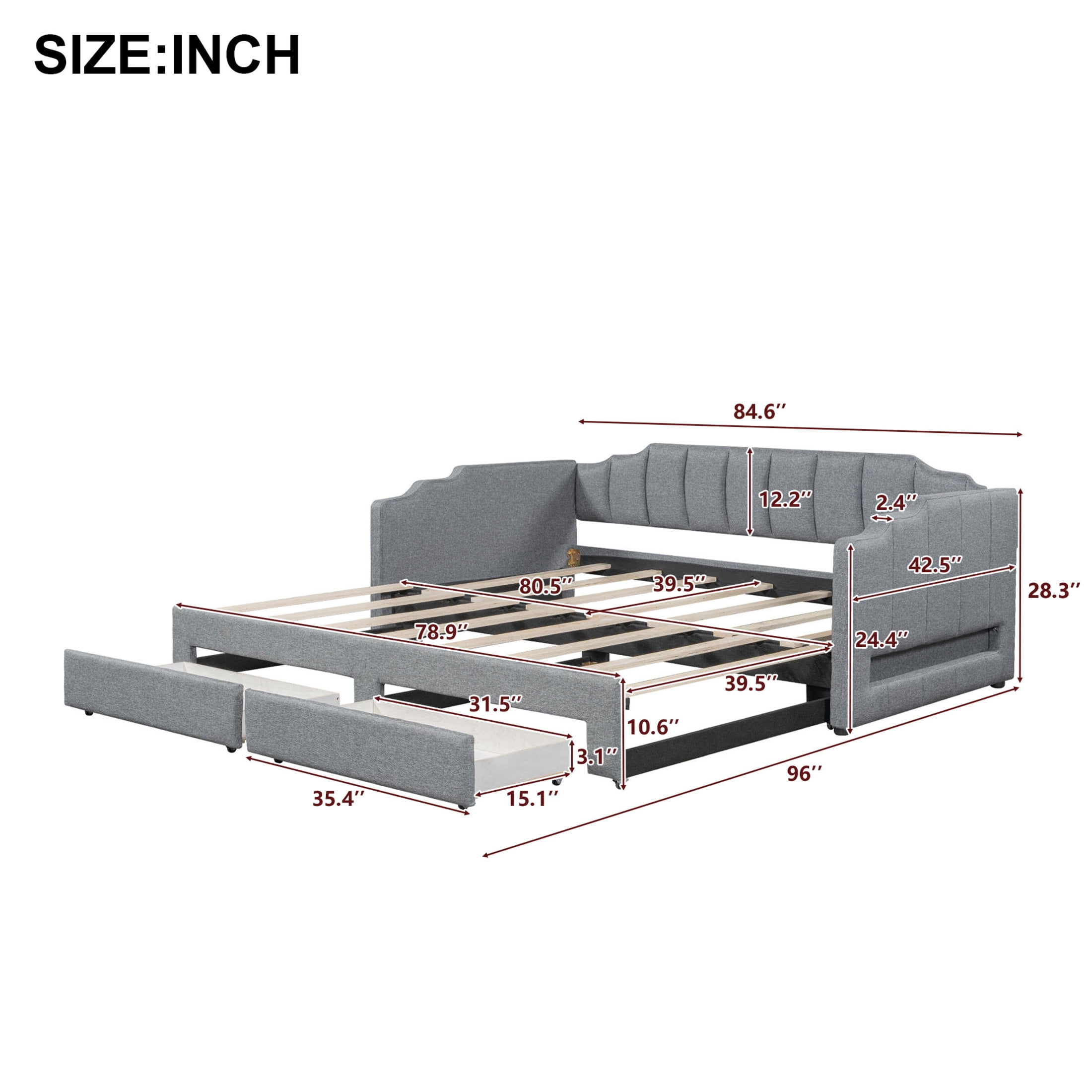 Noble House Twin XL to King Extendable Daybed with LED Light and Storage Drawers, Linen Upholstered, Gray