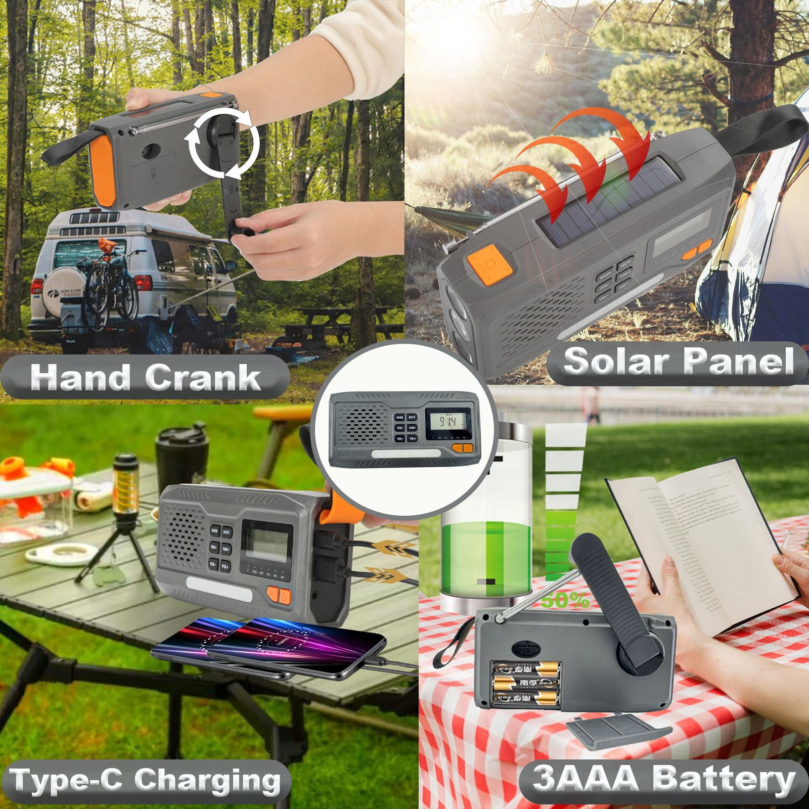 2000mAh/7400mWh Solar Emergency Radio, AM/FM/NOAA Weather Radio, Hand Crank Radio Flashlight Cell Phone Charger & Night Light for Home Supplies, with Digital Display & Battery Compartment, SOS Alarm