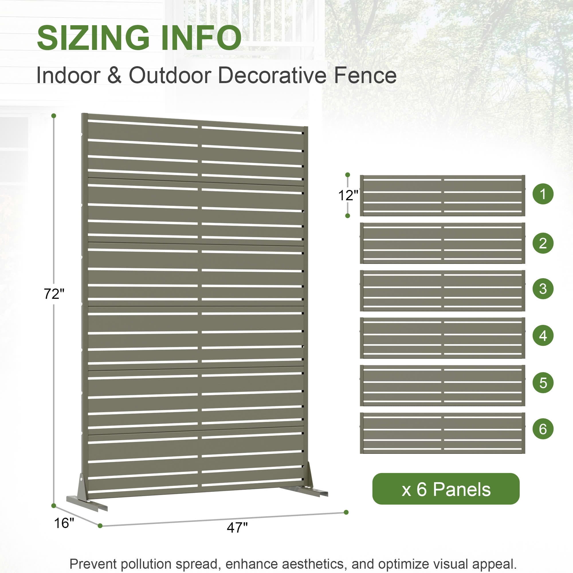 MAYEERTY Outdoor Gray Olive Privacy Fence Panel, 72"x47" Metal Louvered Screen with Wide-1 Narrow-2 Slats, Freestanding for Backyard Balcony