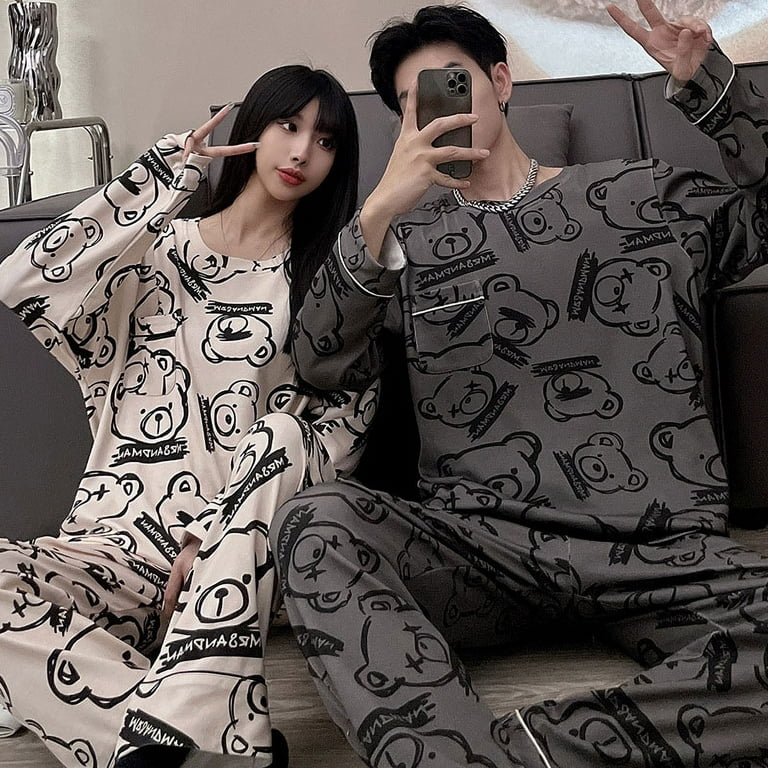 QWZNDZGR Winter Sleepwear Couple Cotton Pajama Sets Round Neck
