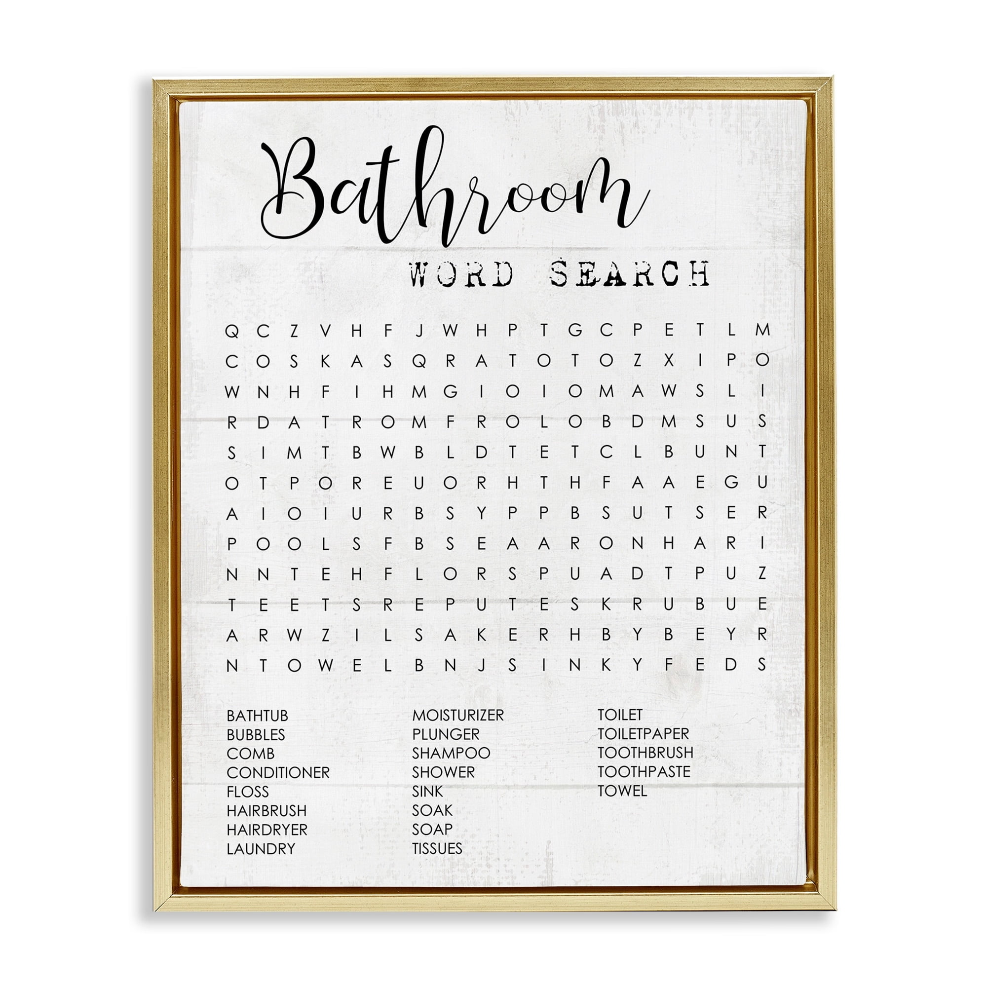 Stupell Industries Bathroom Word Search Fun Family Word Design Metallic Gold Framed Floating Canvas Wall Art, 16x20, by Daphne Polselli