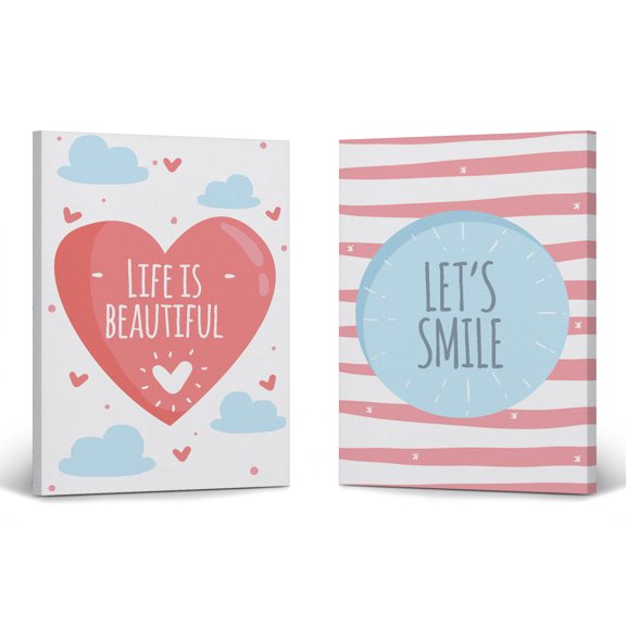 Smile Art Design Life is Beautiful Let's Smile Motivational Quote Heart 2 PANEL Canvas Wall Art Print SET Kids Room Decor Baby Boy and Girl Room Decor Ready to Hang Made in the USA (12x8)x2