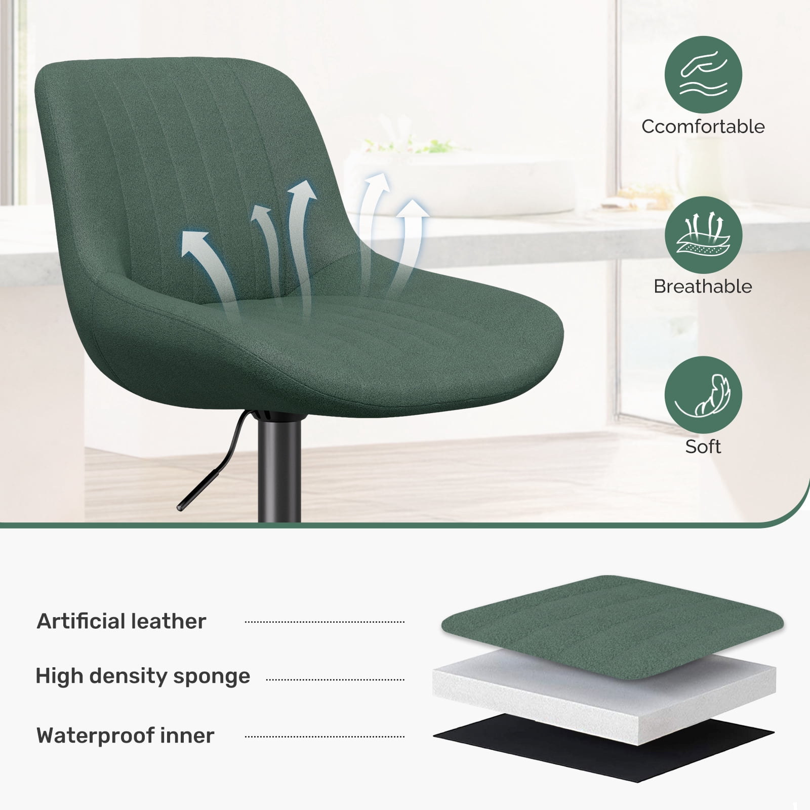 Daluvenix Adjustable Bar Stools Set of 4, Swivel Kitchen Bar Chairs with Back, Modern Tech Fabric Island Chairs for Home Kitchen, Green