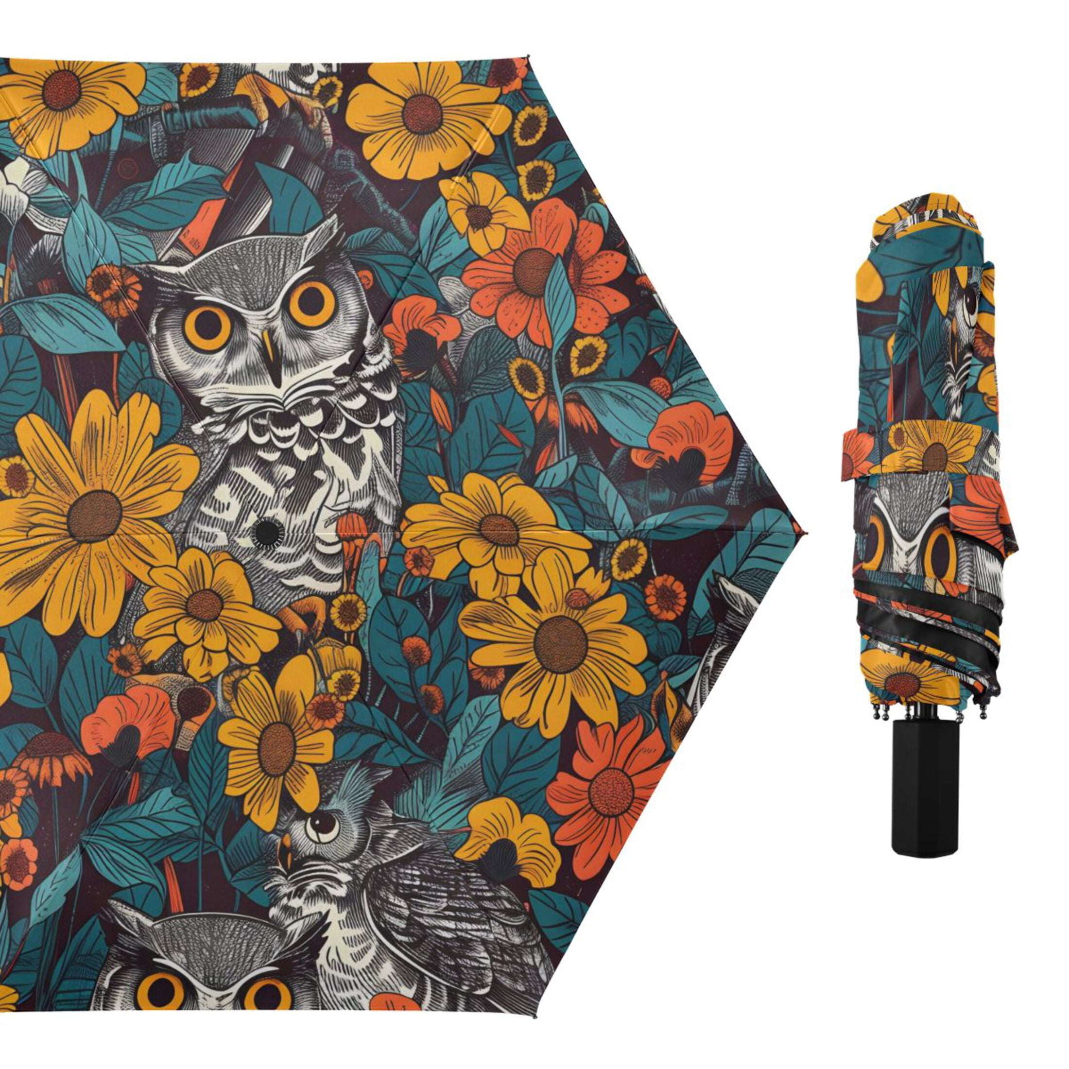 ALAZA Owl in Sunflowers UPF 50+ Compact Folding Umbrella for Rain Travel Umbrella Packable