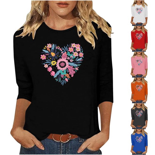 QTOCIO 3/4 Hauts à Manches pour Femmes, Hauts d'Été à Manches 3/4 pour Femmes, T-shirt à Manches 3/4 à Col Rond Imprimé Floral pour Dames