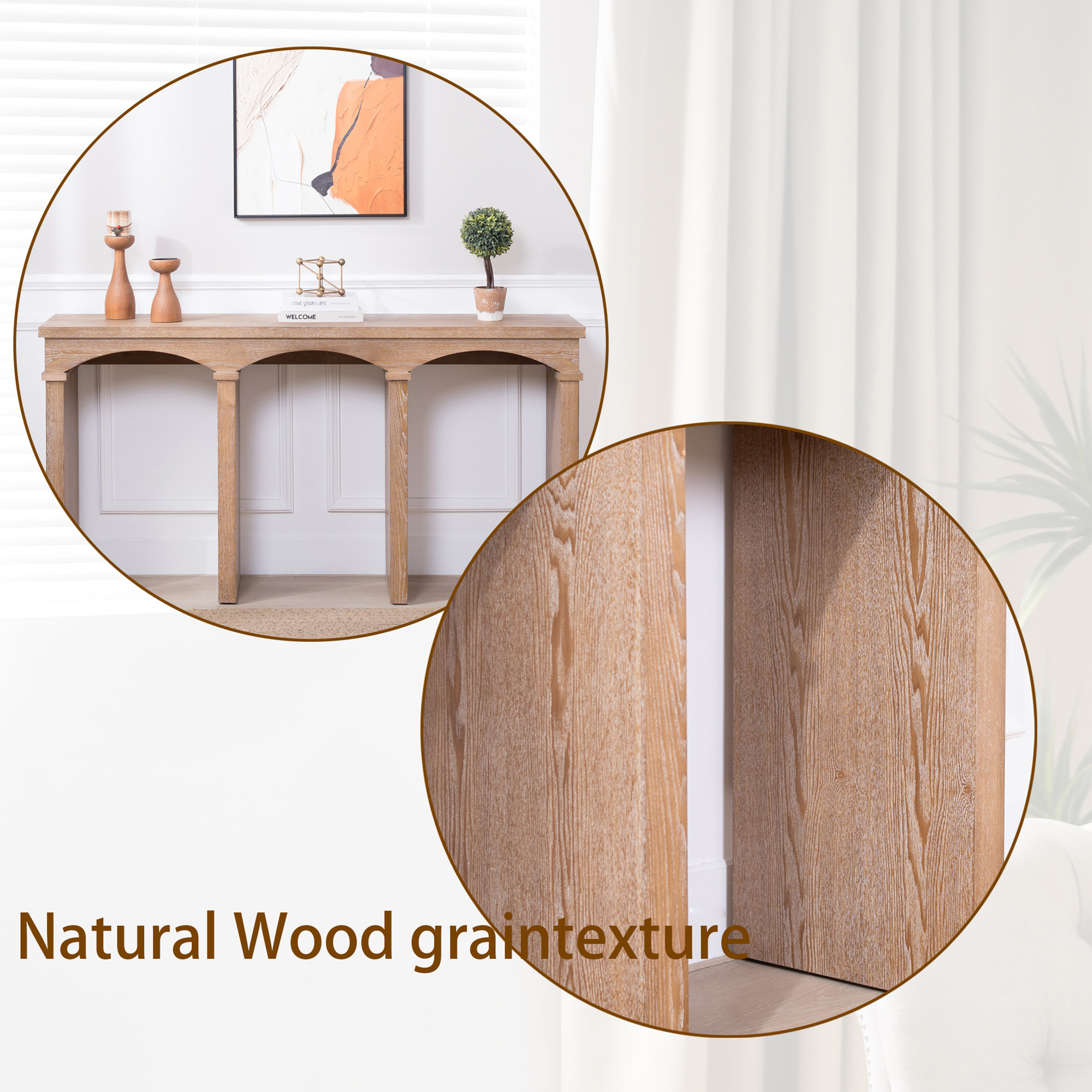 MDQMD 60'' Natural Wood Console Table with Arched Design,Rustic Mid Century Modern Entryway Table for Living Room,Foyer