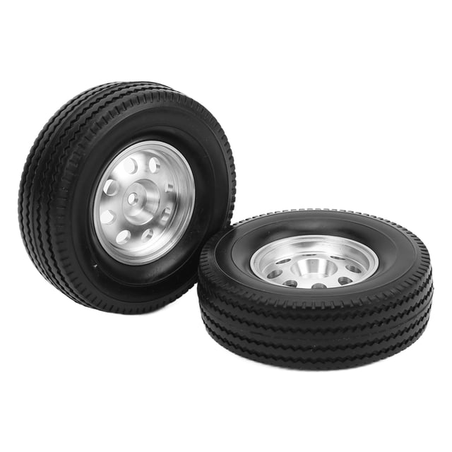 juego de 2 llantas de metal cnc, bujes y neumáticos de goma para camión tractor tamiya 1/14 rc par de ruedas con llantas de aleación de aluminio mecanizadas y neumáticos de caucho con superficie antideslizante; diámetro aprox. 85 mm, grosor 26 mm, acoplamiento hexagonal 12 mm, sobre fondo blanco.