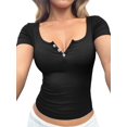 thumbnail image 3 of Women'S Summer Short Sleeve Tops Ribbed Henley Button Slim Fit Basic Casual T Shirts Black XL, 3 of 7