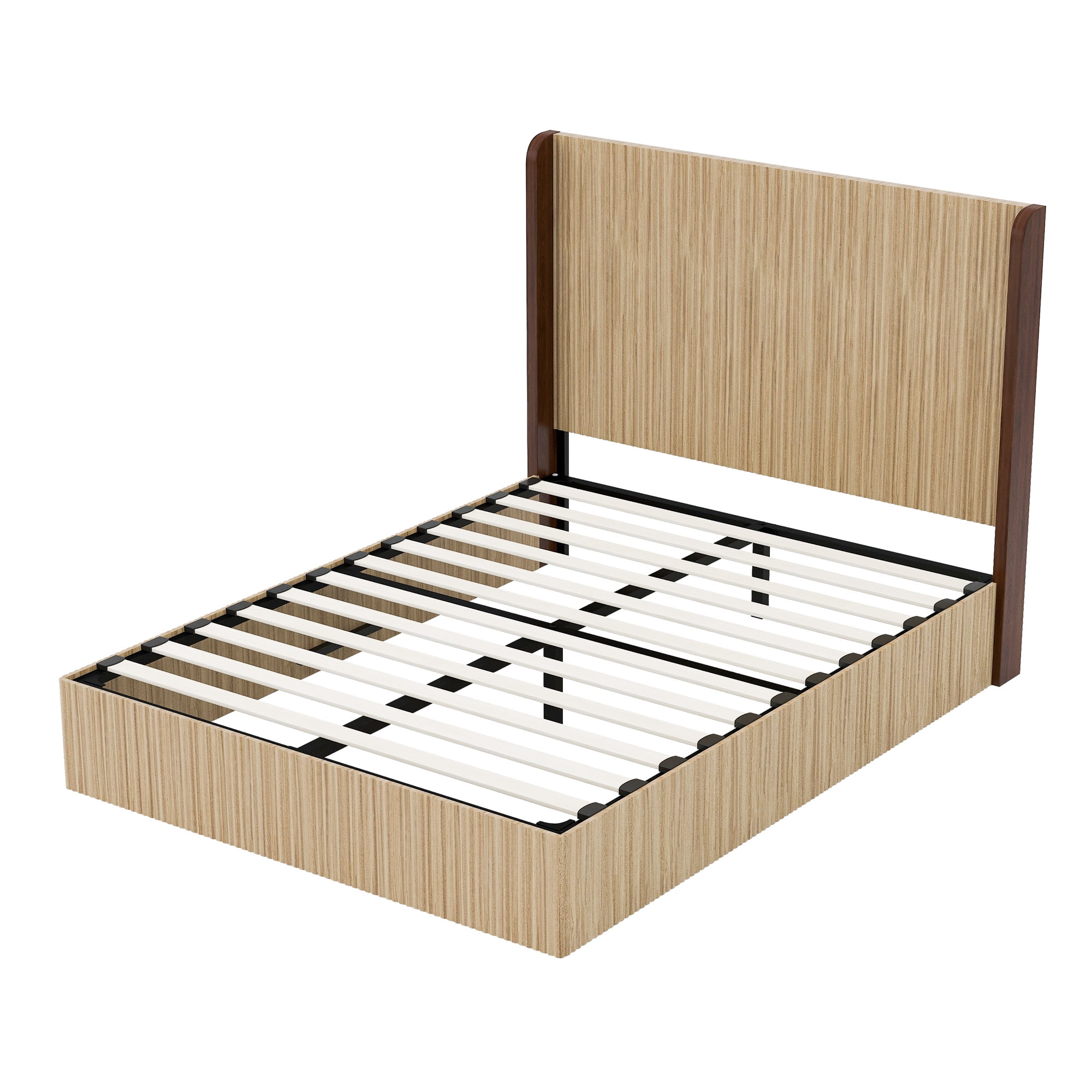 Mintazer Queen Size Vertical Fluted Platform Bed with Tall Wing Headboard, Low Profile Platform for Bedroom & Guest Room, No Box Spring Needed, Natural