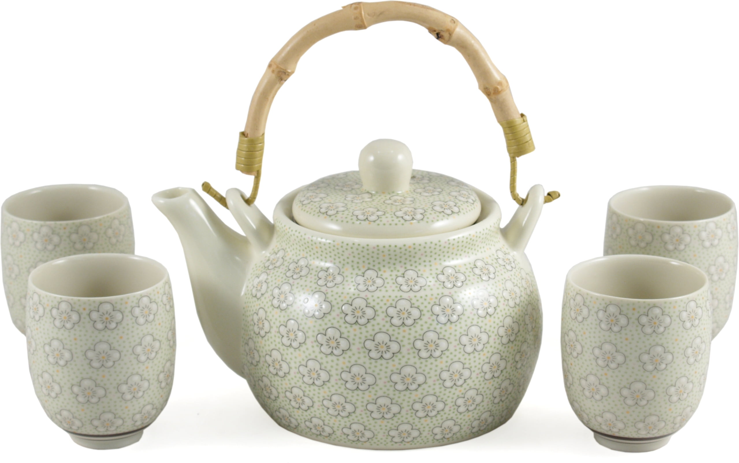 Asian Green and White Porcelain Floral 5 Piece Tea Set