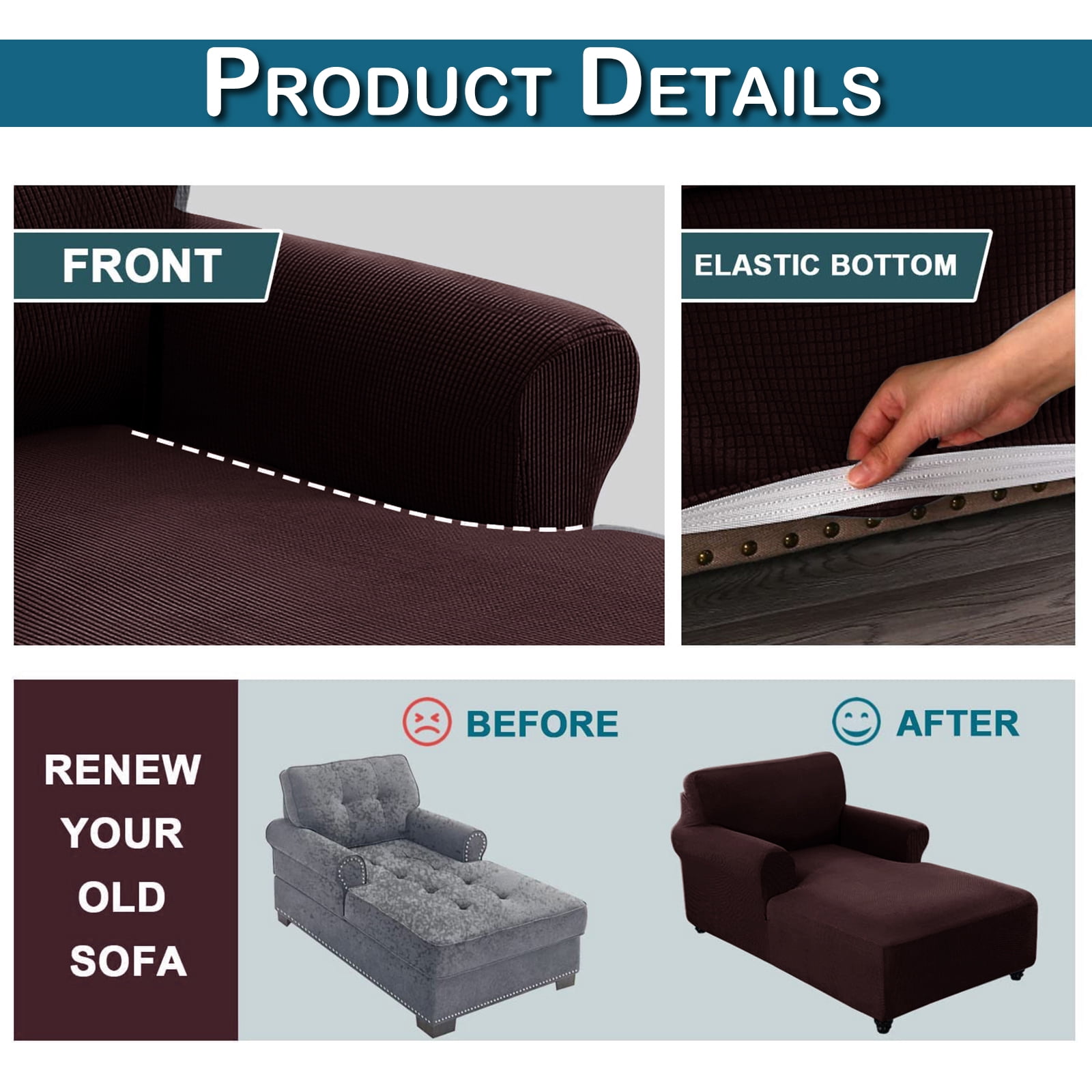 Lapalife Chaise Lounge Cover Indoor, Lounge Sofa Slipcover 1-Piece Stretch Furniture Slipcover with Arms, Brown
