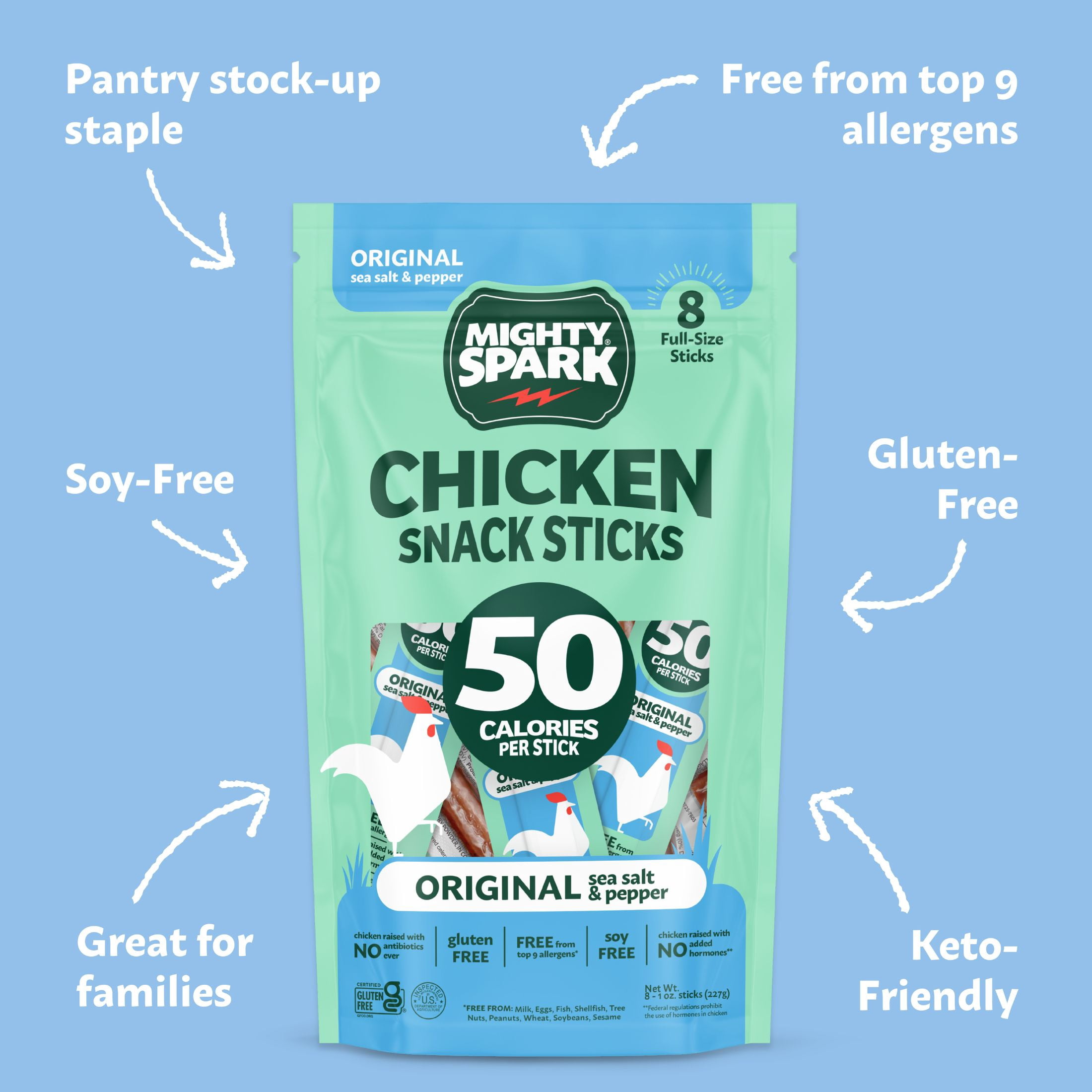 Mighty Spark Original Sea Salt & Pepper Chicken Snack Sticks, 8 oz, 8 Count Bag