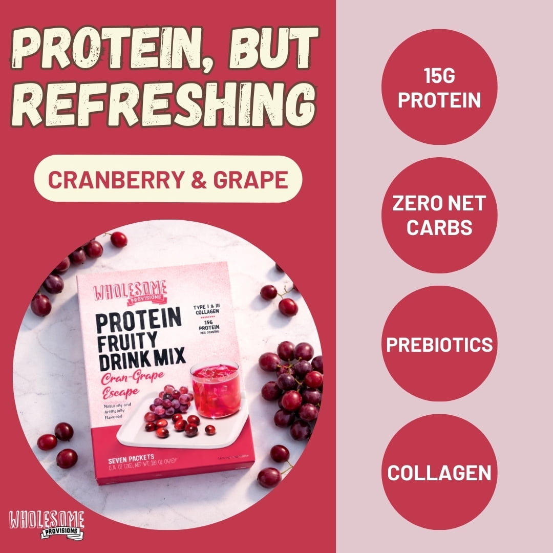 Protein Fruit Drink Mix, 15g Protein, Low Sugar, Collagen + Prebiotics, No Artificial Colors or Dyes, Refreshing by Wholesome Provisions(Pack of 3, Cranberry Grape)